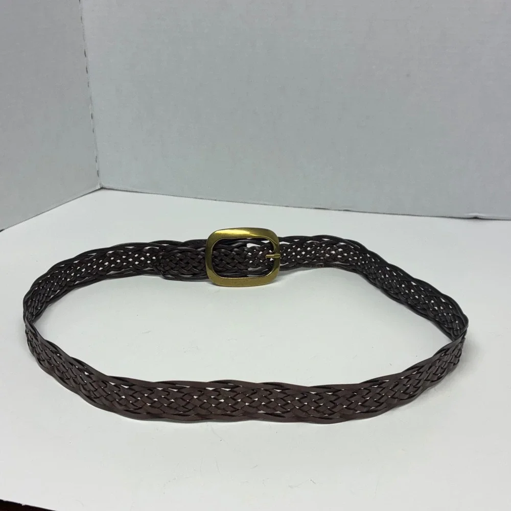 New York & Co. Braided Belt Womens M/L Brown Bonded Leather Woven Gold Buckle